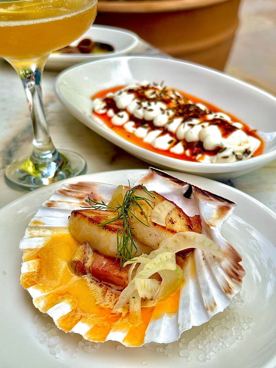 Scallop in its shell with bouillabaisse butter and fennel, with ricotta and chilli behind