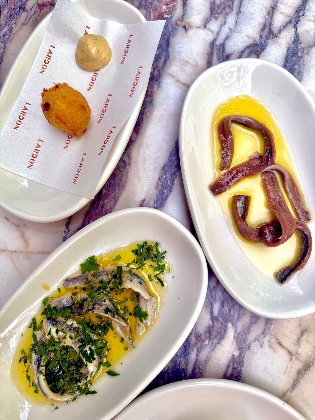 Overhead of Cantabrian anchovies, boquerones with parsley and lemon, and parmesan arancini